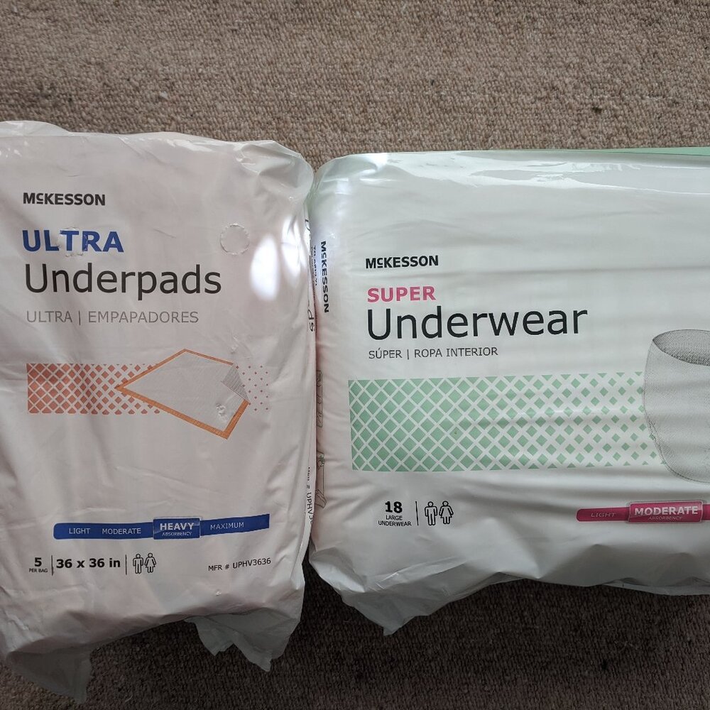 McKesson Ultra Underpads 36x36" Bed Pads + Large Incontinence Pull-Up Underwear